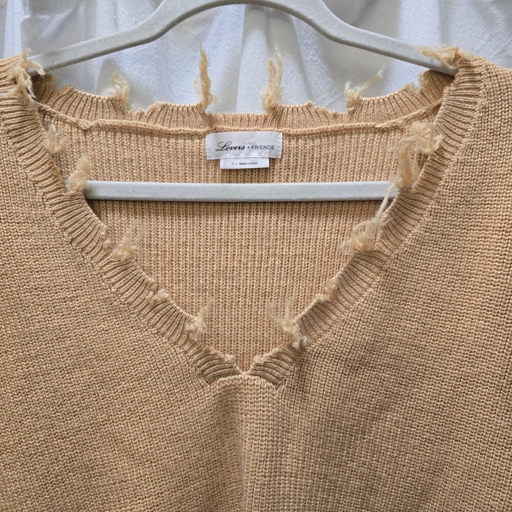 Lovers and Friends camel brown cropped distressed knit sweater V-neck small - Picture 3 of 11